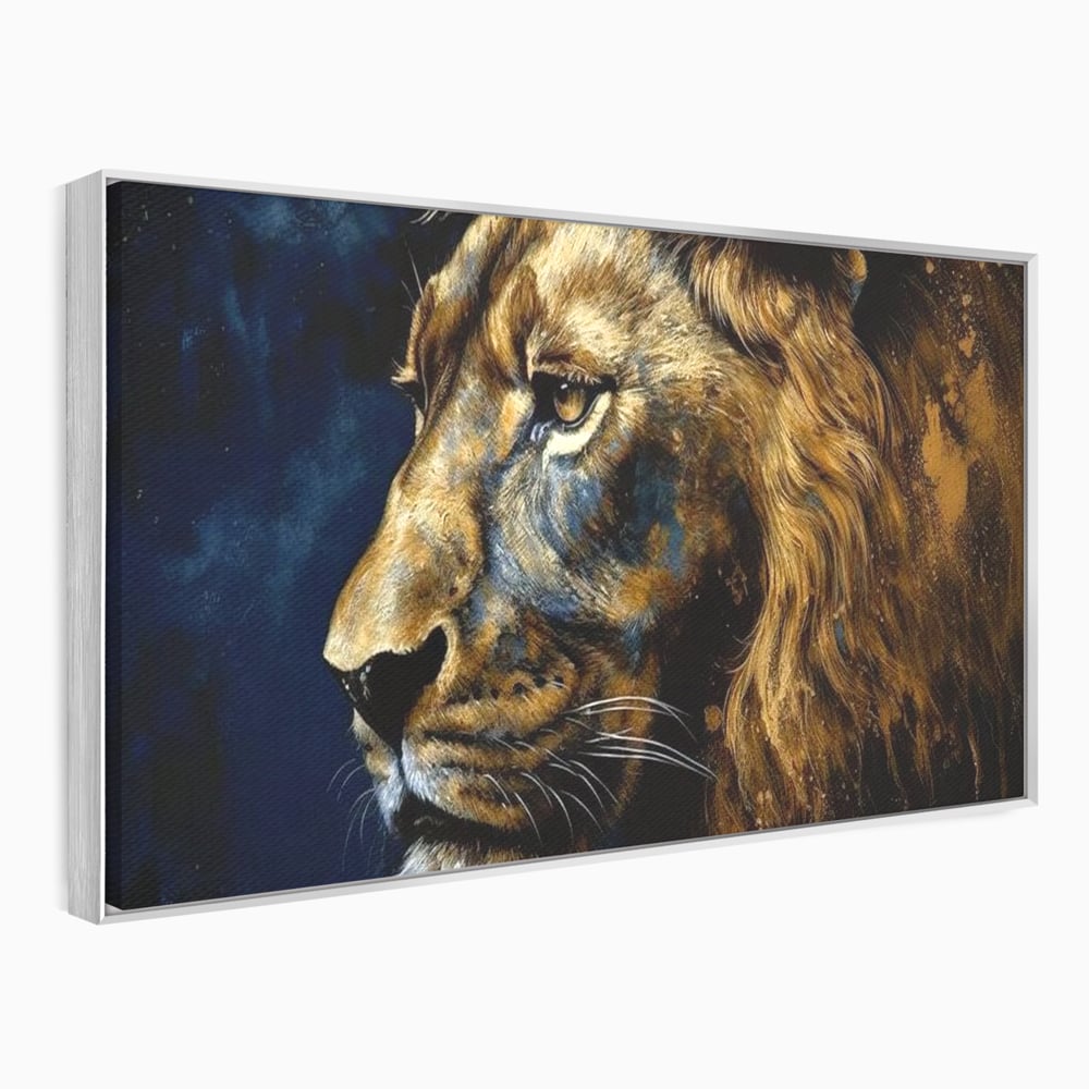 Tablou canvas cu tablou canvas cu leu in profil, in rama de aluminiu argintiu
